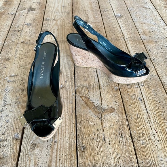 Stuart Weitzman Bodajean Black Patent Cork Wedge Sandals Size 7.5 - Picture 2 of 12